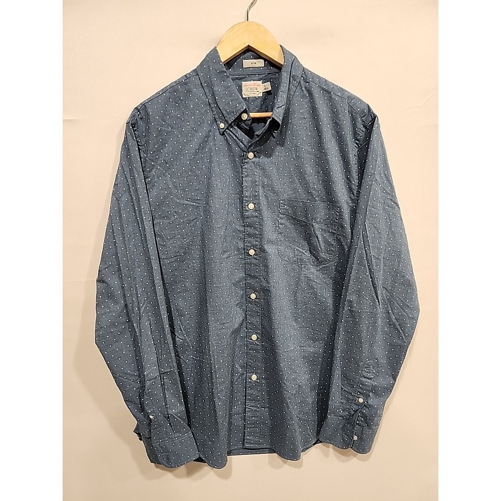 J. Crew Shirt Mens L Blue With White Dots,‎ Long Sleeve Pocket, Slim Fit